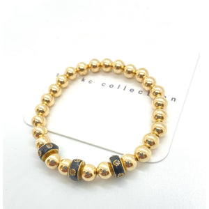 Gold Bead 6mm Bracelet with 3 Black Enamel Pave Diamond Beads