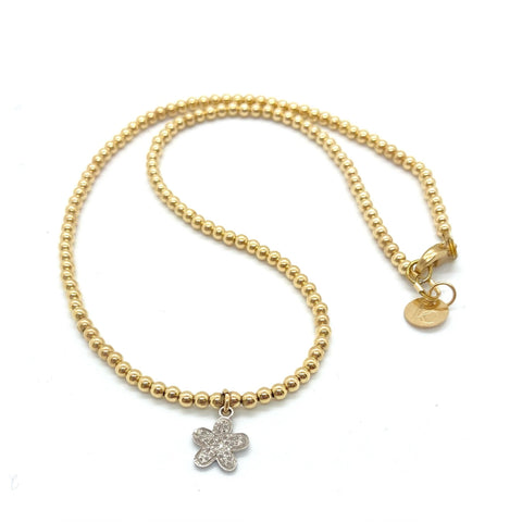 Gold Bead 3mm Necklace with Diamond Flower