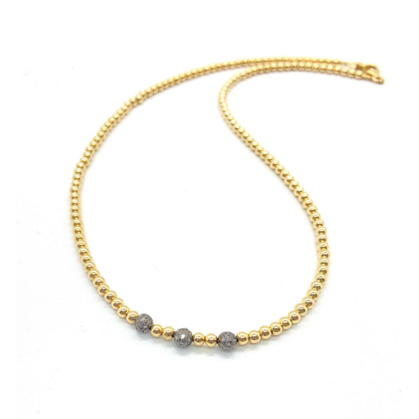 Gold Filled 4mm Bead Necklace with 3 Pave Diamond Beads