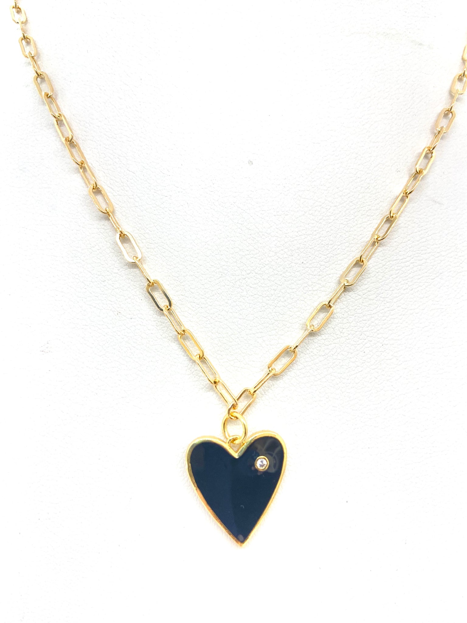 Gold Filled Paperclip Chain with Black Enamel Heart