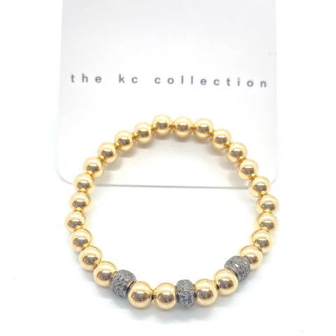 Gold Bead Bracelet 5 mm with 3 Pave Diamond Accents