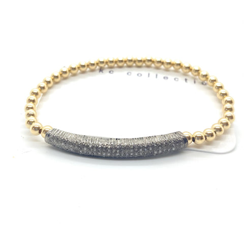 Gold Bead Bracelet 4 mm with Pave Diamond Bar